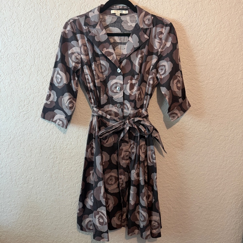 Boden Floral Cotton Shirt Dress 6P Dark Academia Retro Rose Print Grey